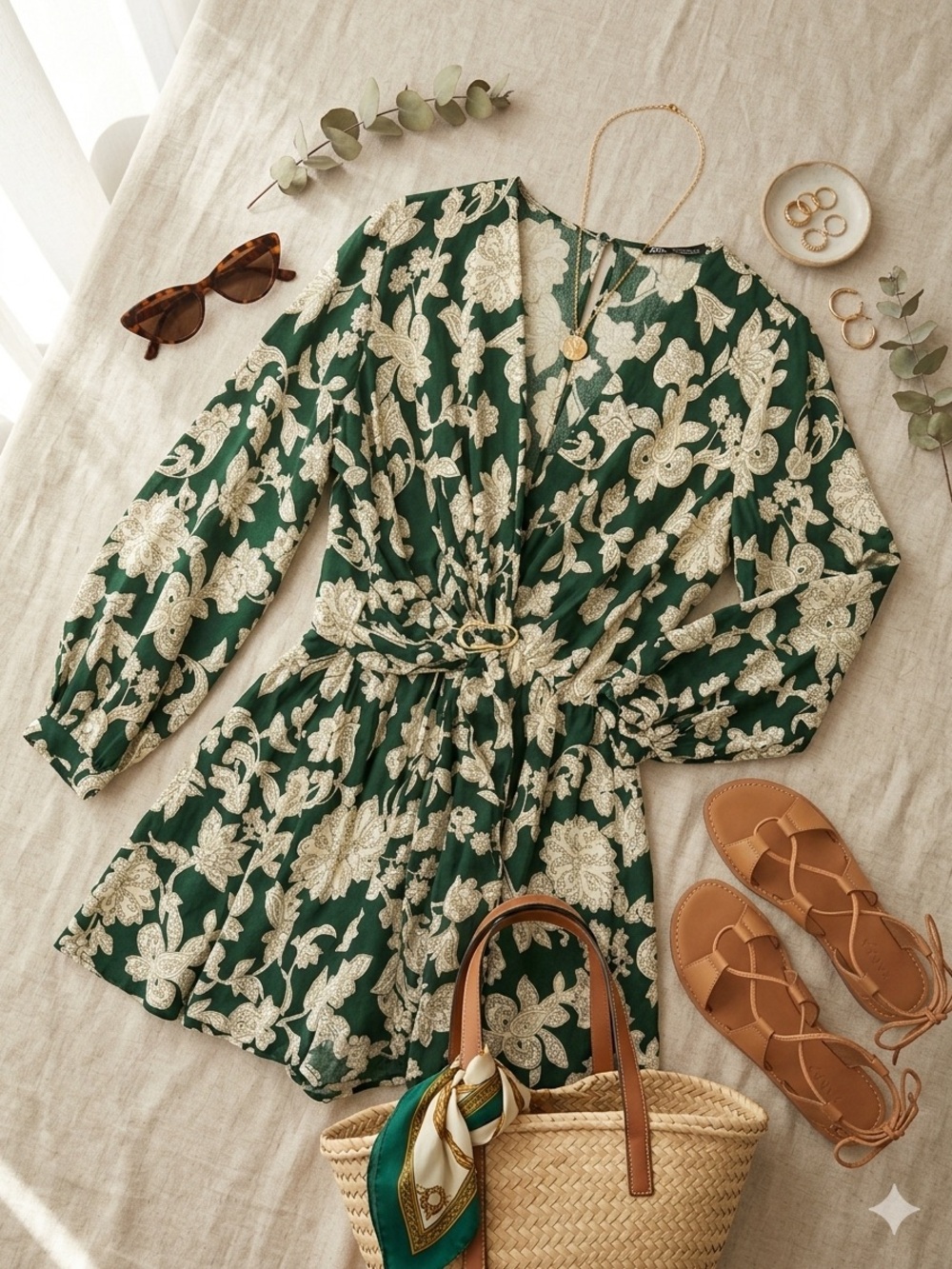 ZARA Green Floral Wrap Romper Tie Waist Long Sleeve Boho Cottagecore Sz Sm, EUC